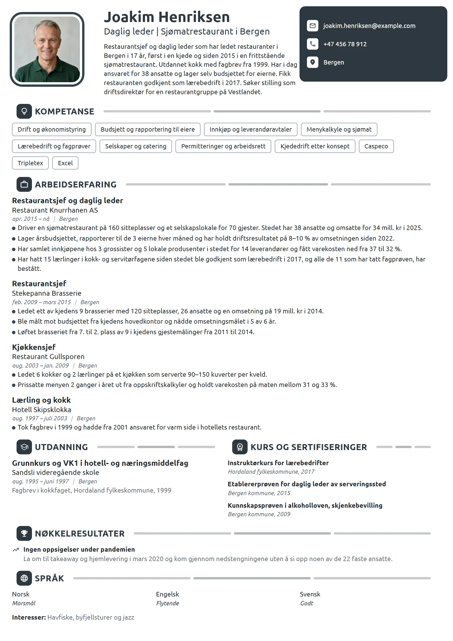 CV-eksempel for restaurantsjef og daglig leder