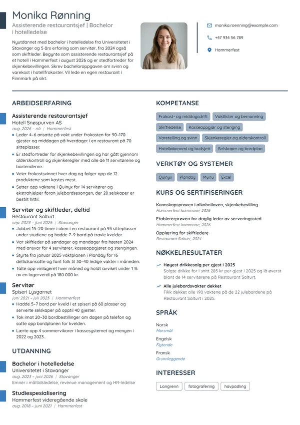 CV-eksempel for nyutdannet assisterende restaurantsjef