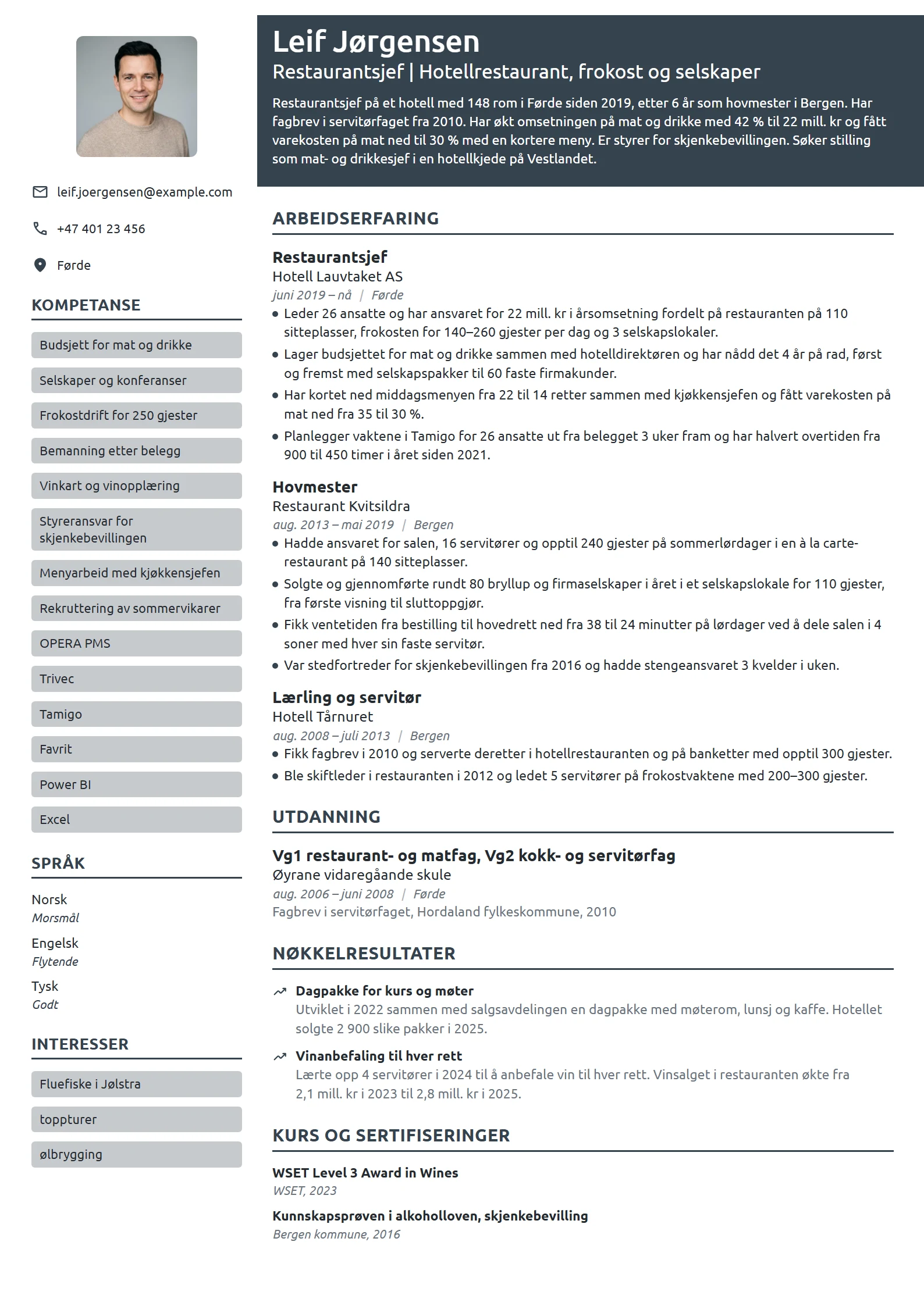 CV-eksempel for restaurantsjef på hotell