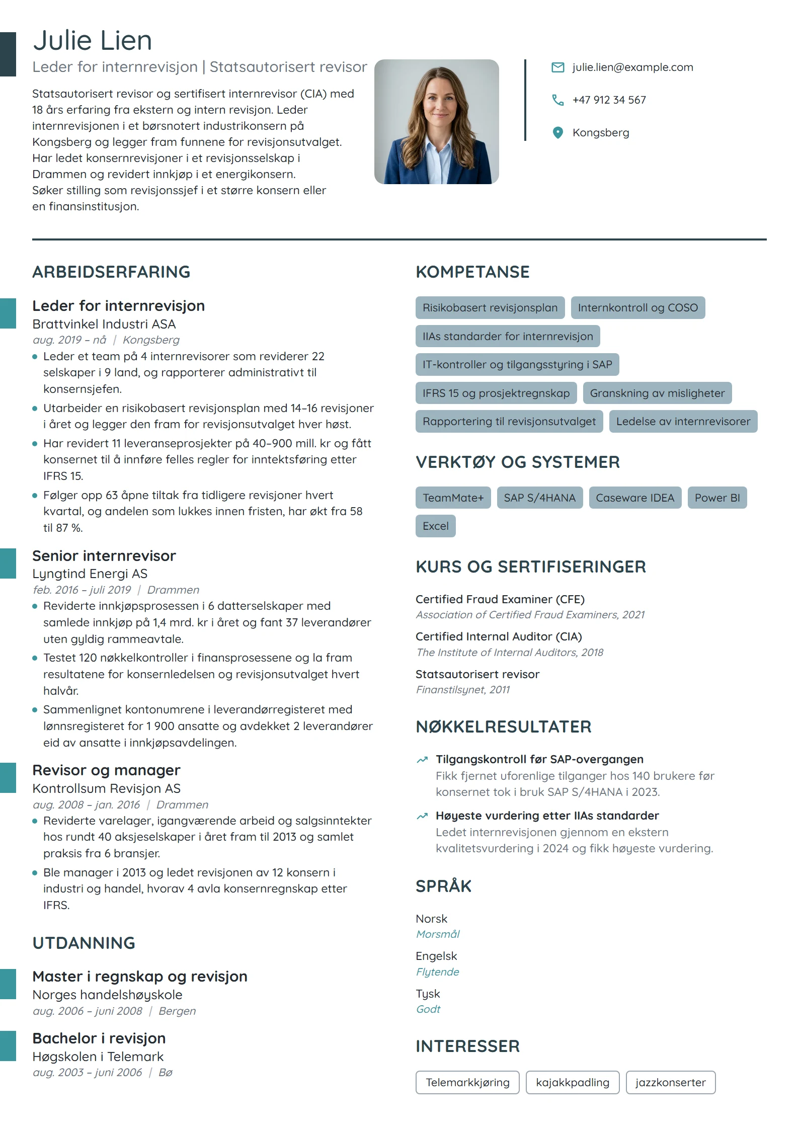CV-eksempel for leder for internrevisjon