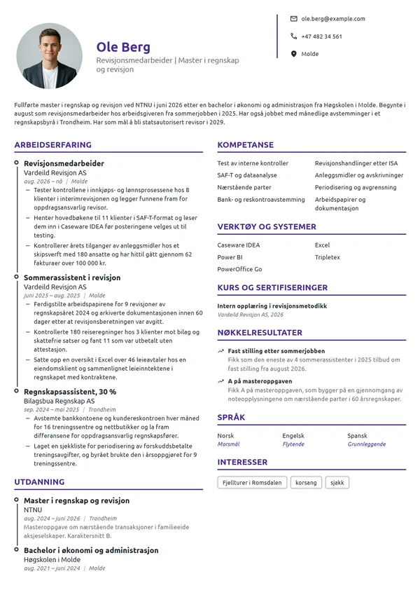 CV-eksempel for nyutdannet revisjonsmedarbeider