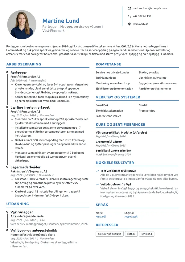CV-eksempel for nyutdannet rørlegger