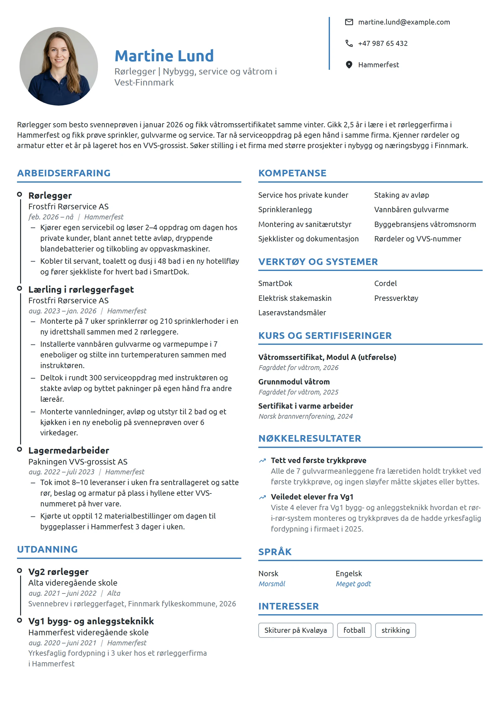 CV-eksempel for nyutdannet rørlegger