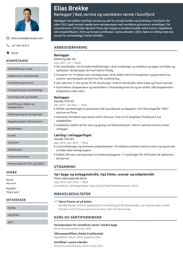 CV-eksempel for rørlegger, bad, service og varme
