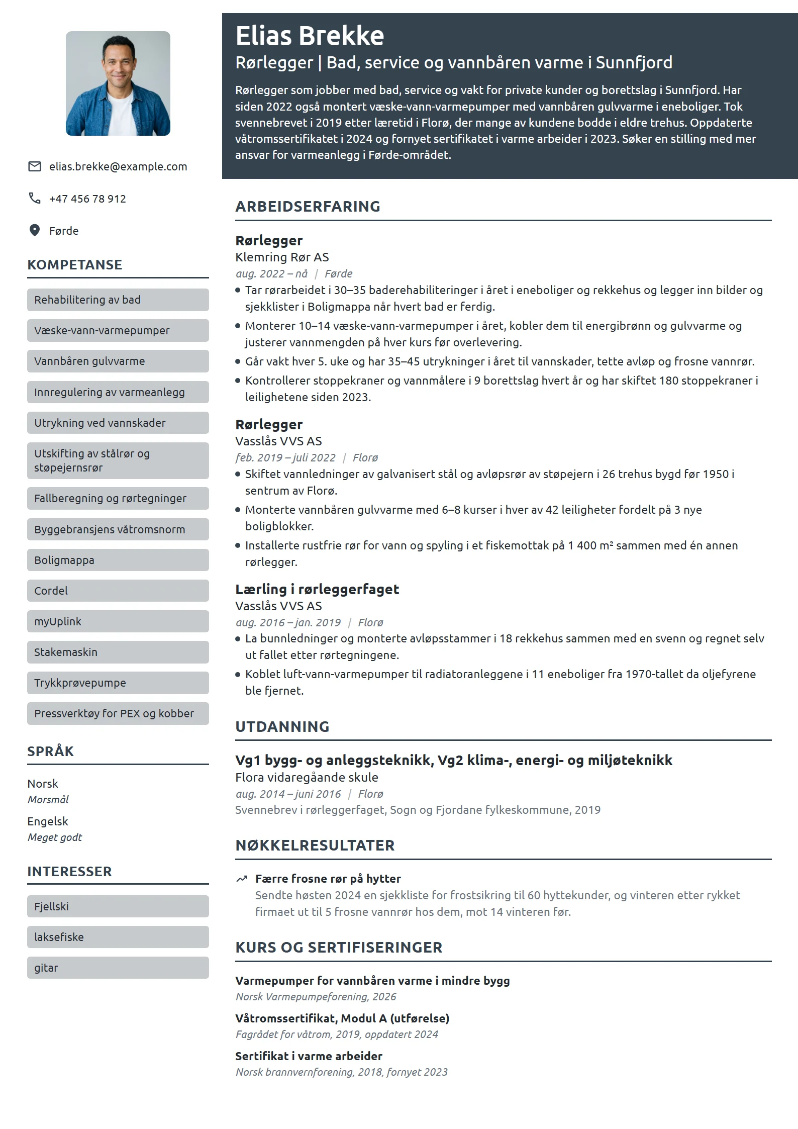 CV-eksempel for rørlegger, bad, service og varme