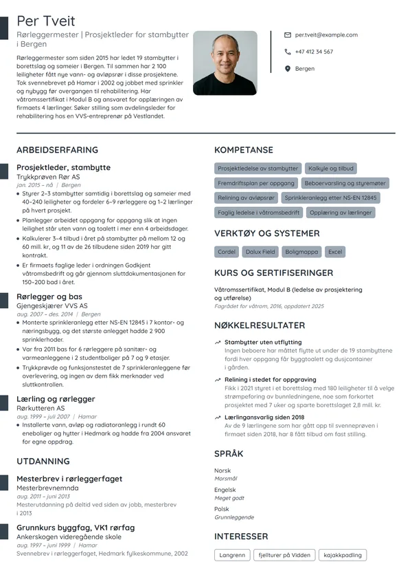 CV-eksempel for rørleggermester, stambytte i borettslag
