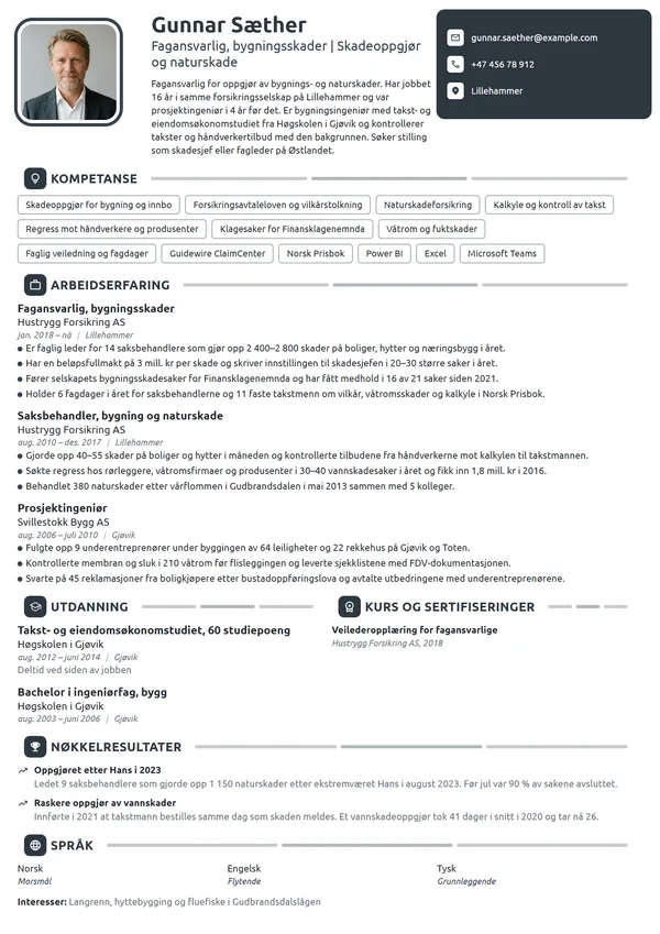 CV-eksempel for fagansvarlig saksbehandler, bygningsskader