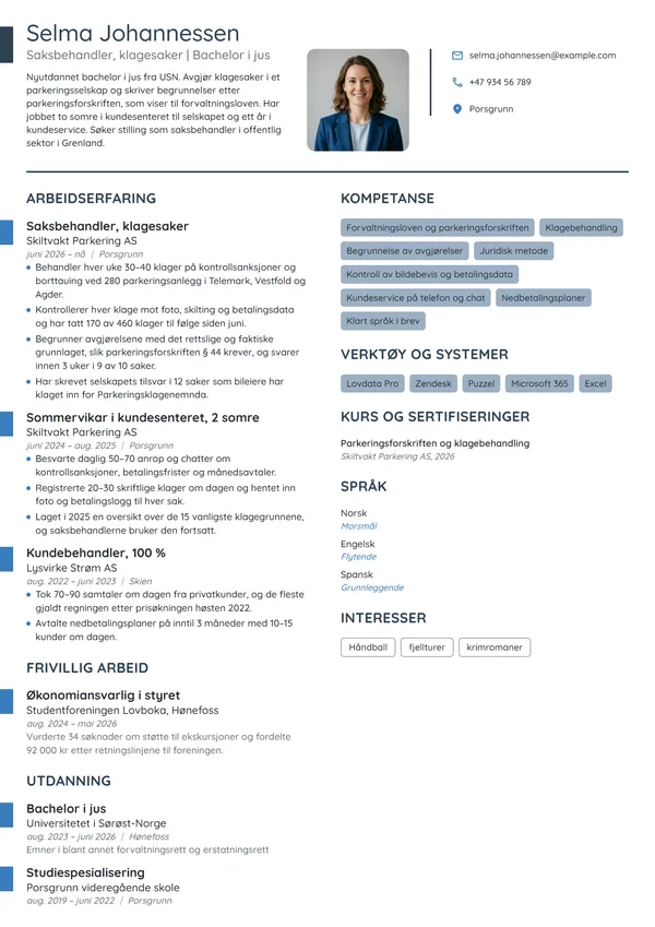 CV-eksempel for nyutdannet saksbehandler, klagesaker