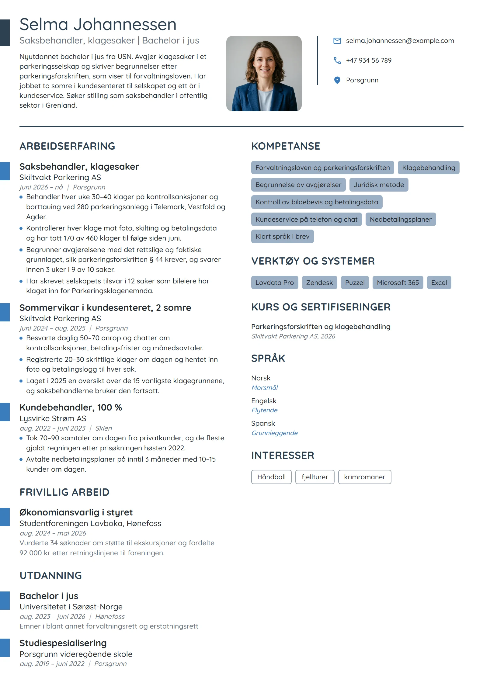 CV-eksempel for nyutdannet saksbehandler, klagesaker