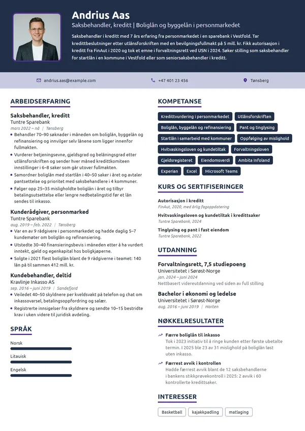 CV-eksempel for saksbehandler i kreditt, sparebank