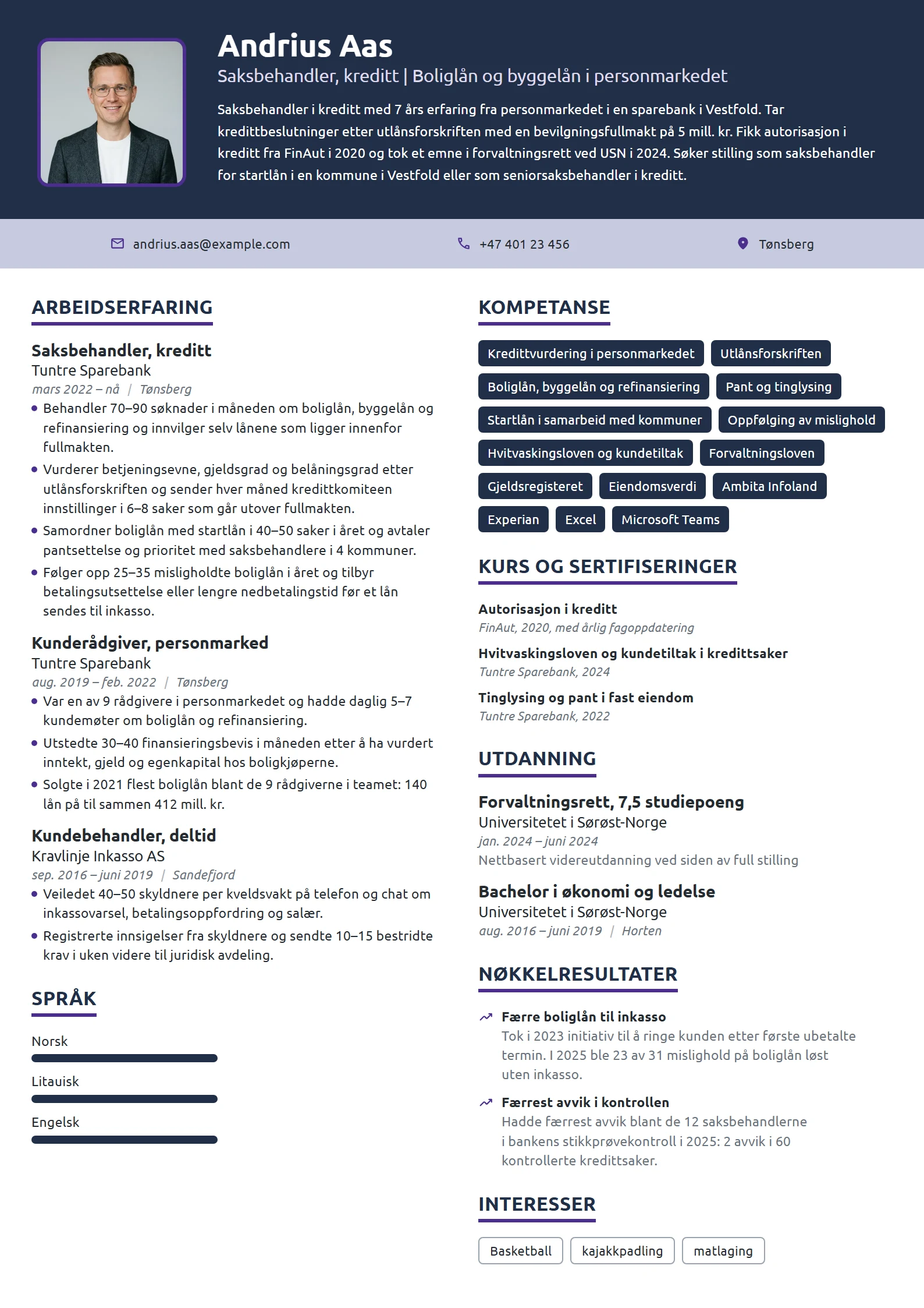 CV-eksempel for saksbehandler i kreditt, sparebank