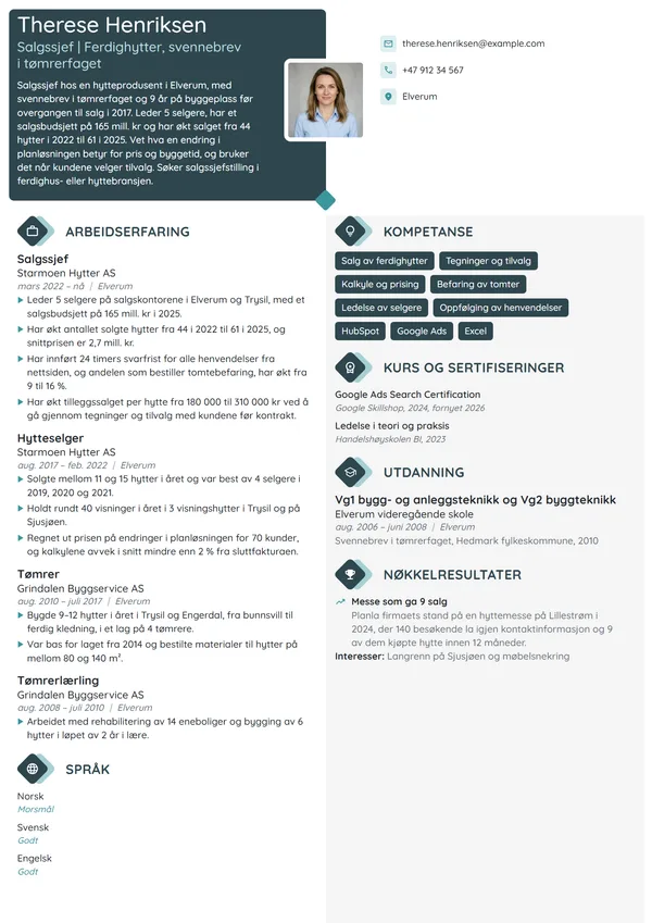 CV-eksempel for salgssjef med bakgrunn som tømrer