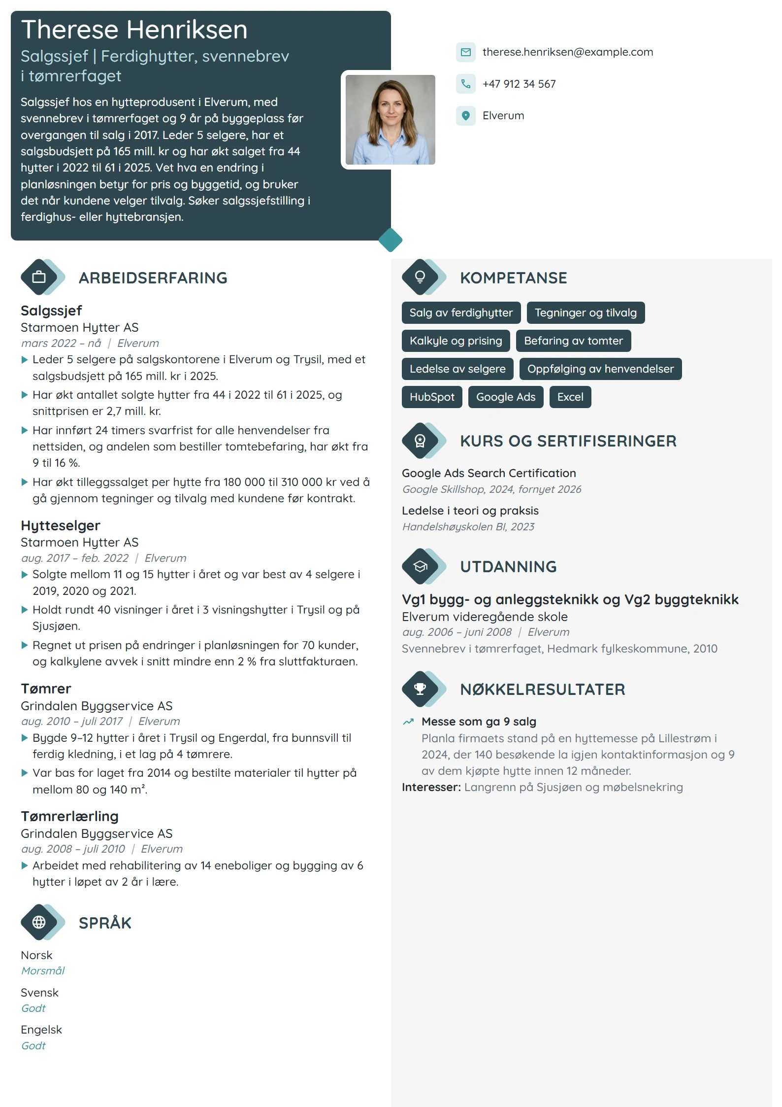 CV-eksempel for salgssjef med bakgrunn som tømrer