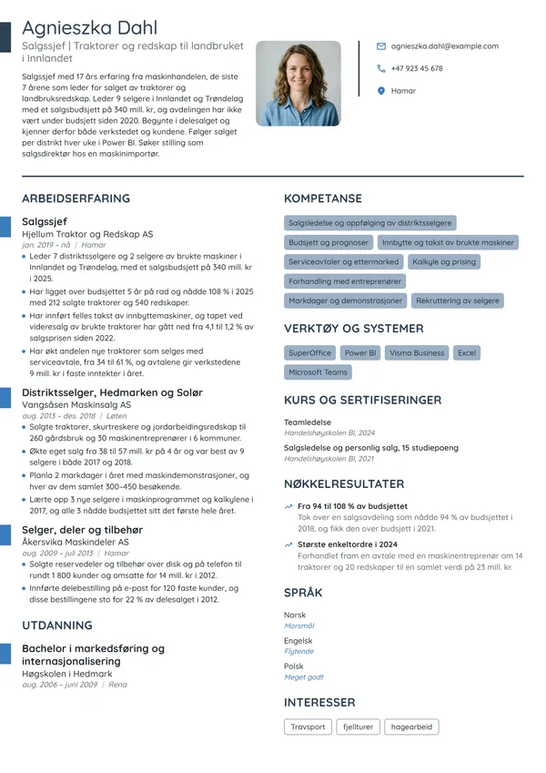 CV-eksempel for salgssjef, landbruksmaskiner