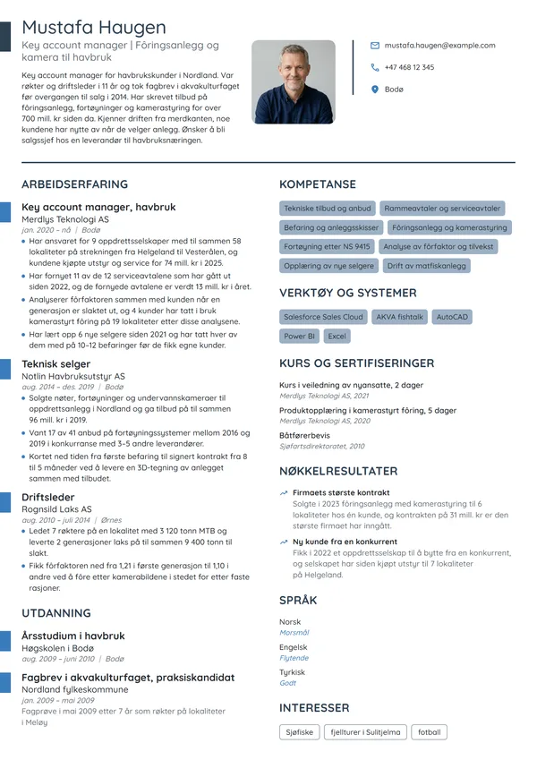 CV-eksempel for key account manager, havbruk