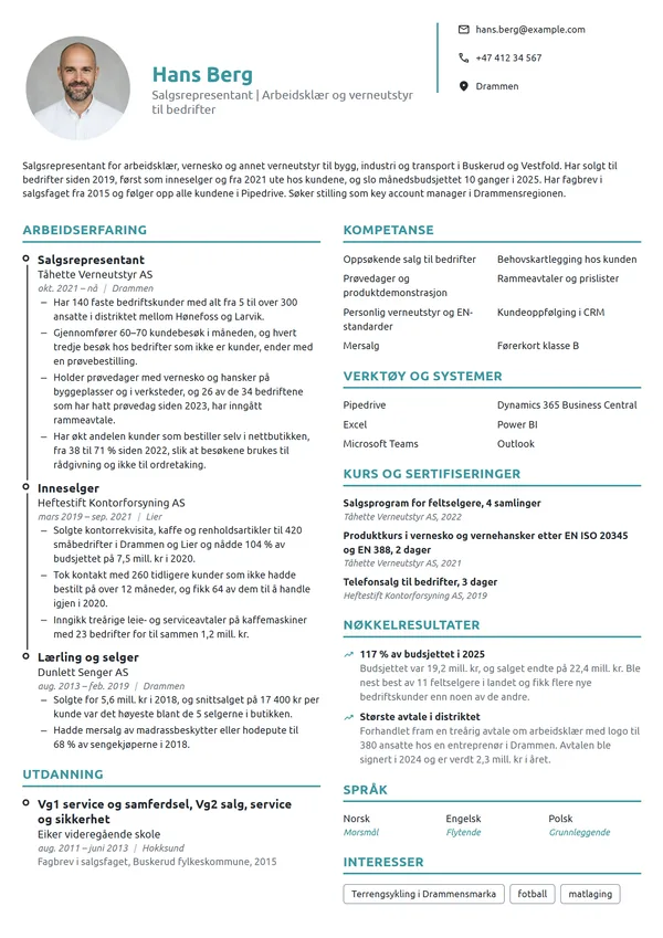 CV-eksempel for salgsrepresentant, verneutstyr