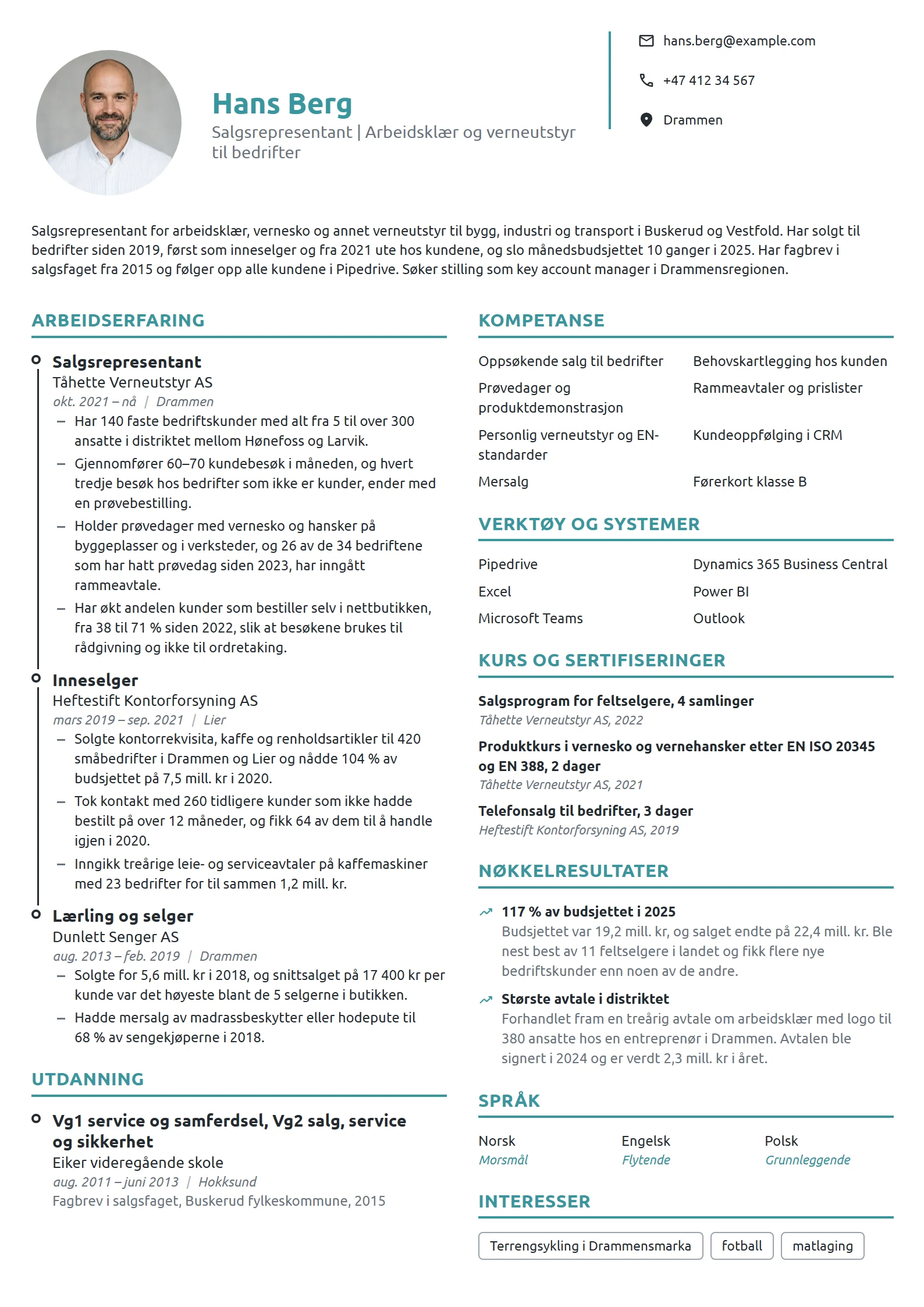 CV-eksempel for salgsrepresentant, verneutstyr