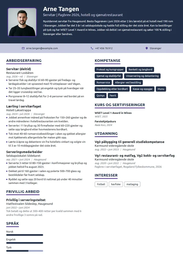 CV-eksempel for nyutdannet servitør med fagbrev
