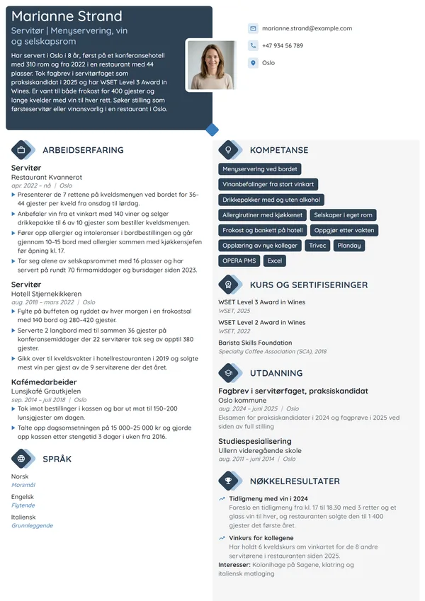 CV-eksempel for servitør i restaurant med vinmeny