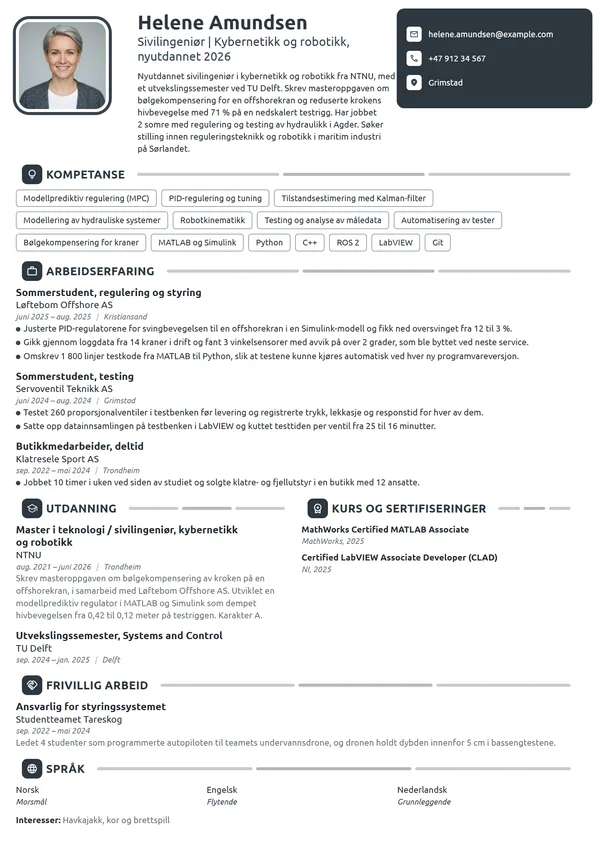 CV-eksempel for nyutdannet sivilingeniør, kybernetikk