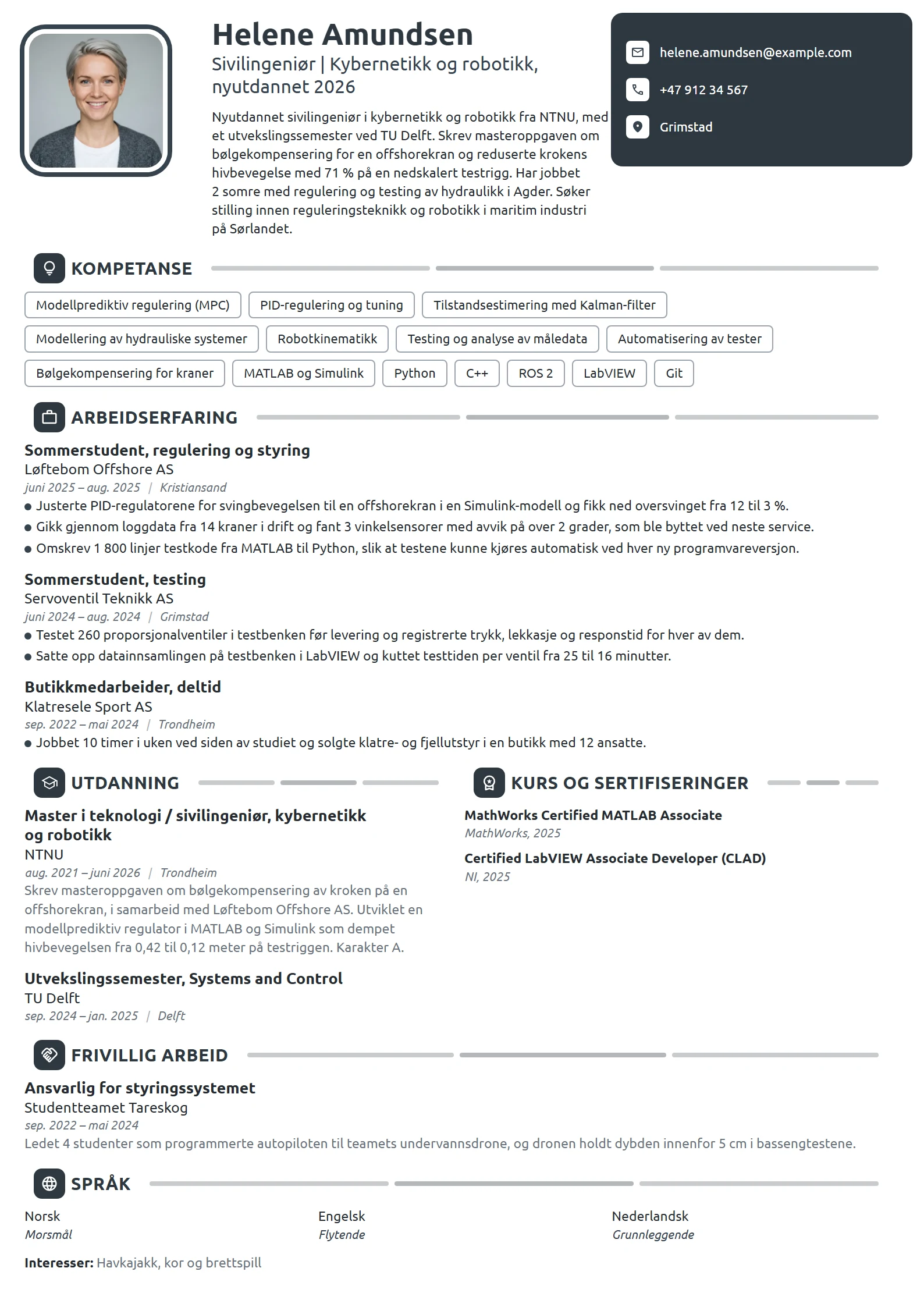 CV-eksempel for nyutdannet sivilingeniør, kybernetikk