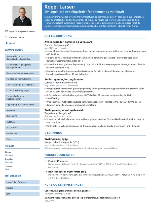 CV-eksempel for avdelingsleder, dammer og vannkraft