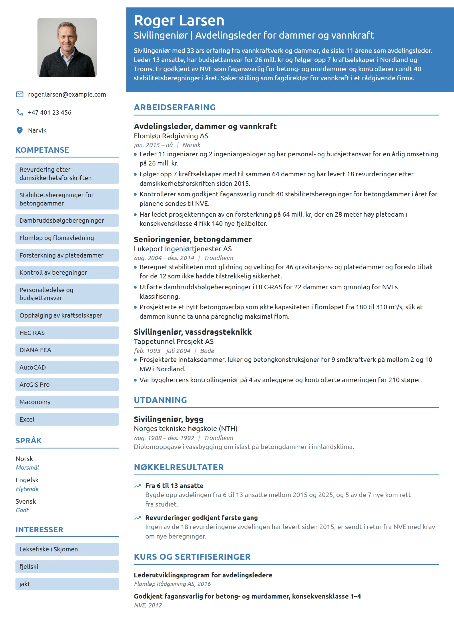 CV-eksempel for avdelingsleder, dammer og vannkraft