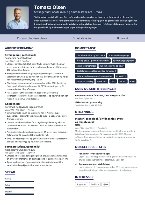 CV-eksempel for sivilingeniør, geoteknikk
