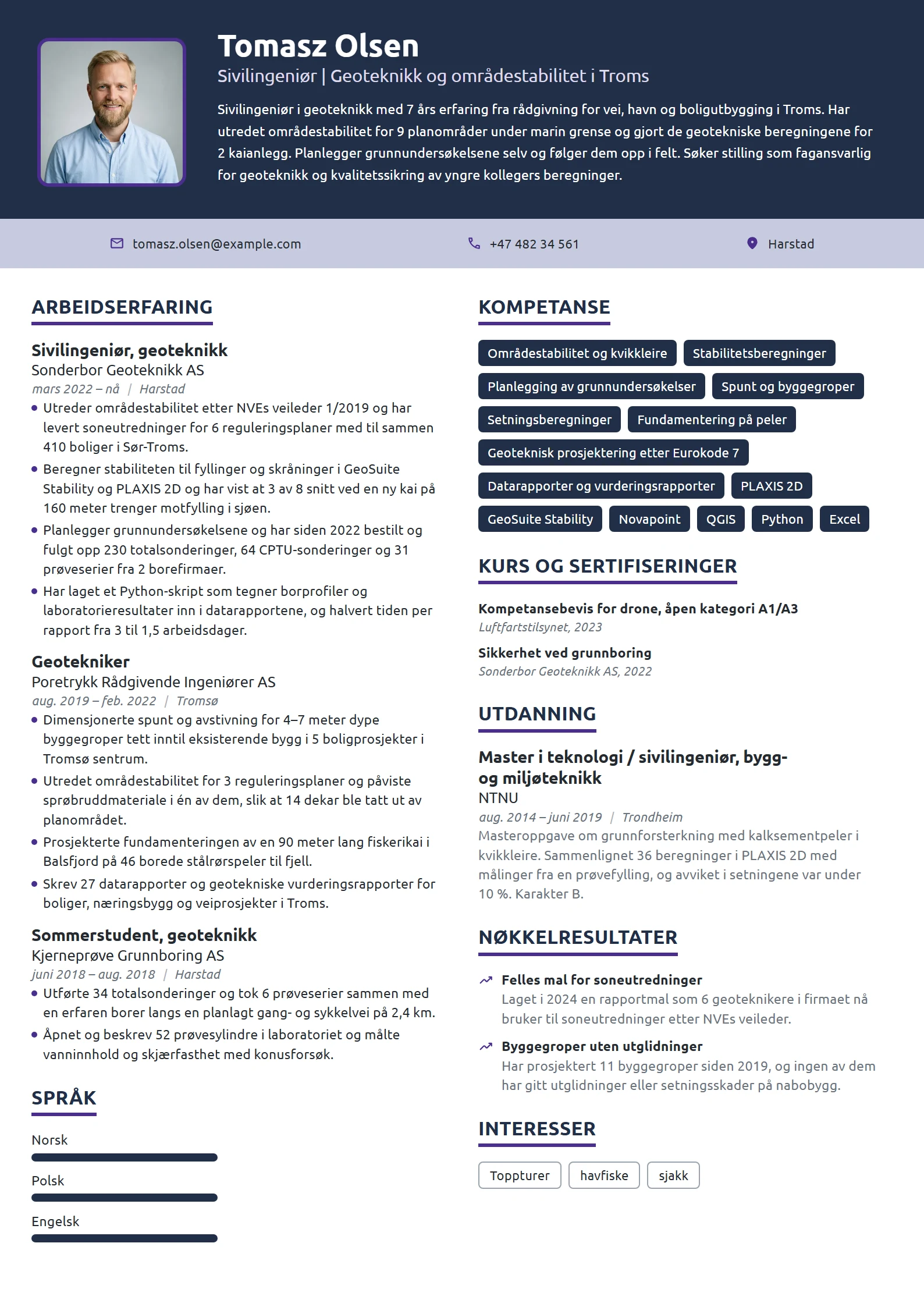 CV-eksempel for sivilingeniør, geoteknikk