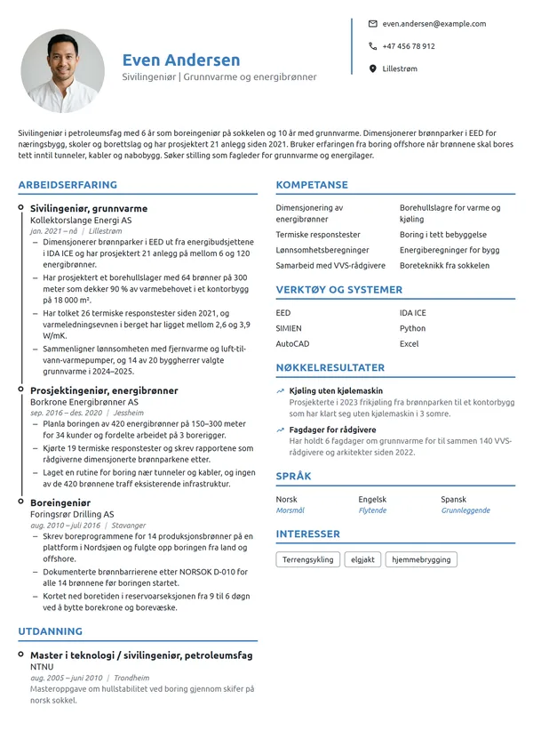 CV-eksempel for sivilingeniør, fra boring til grunnvarme