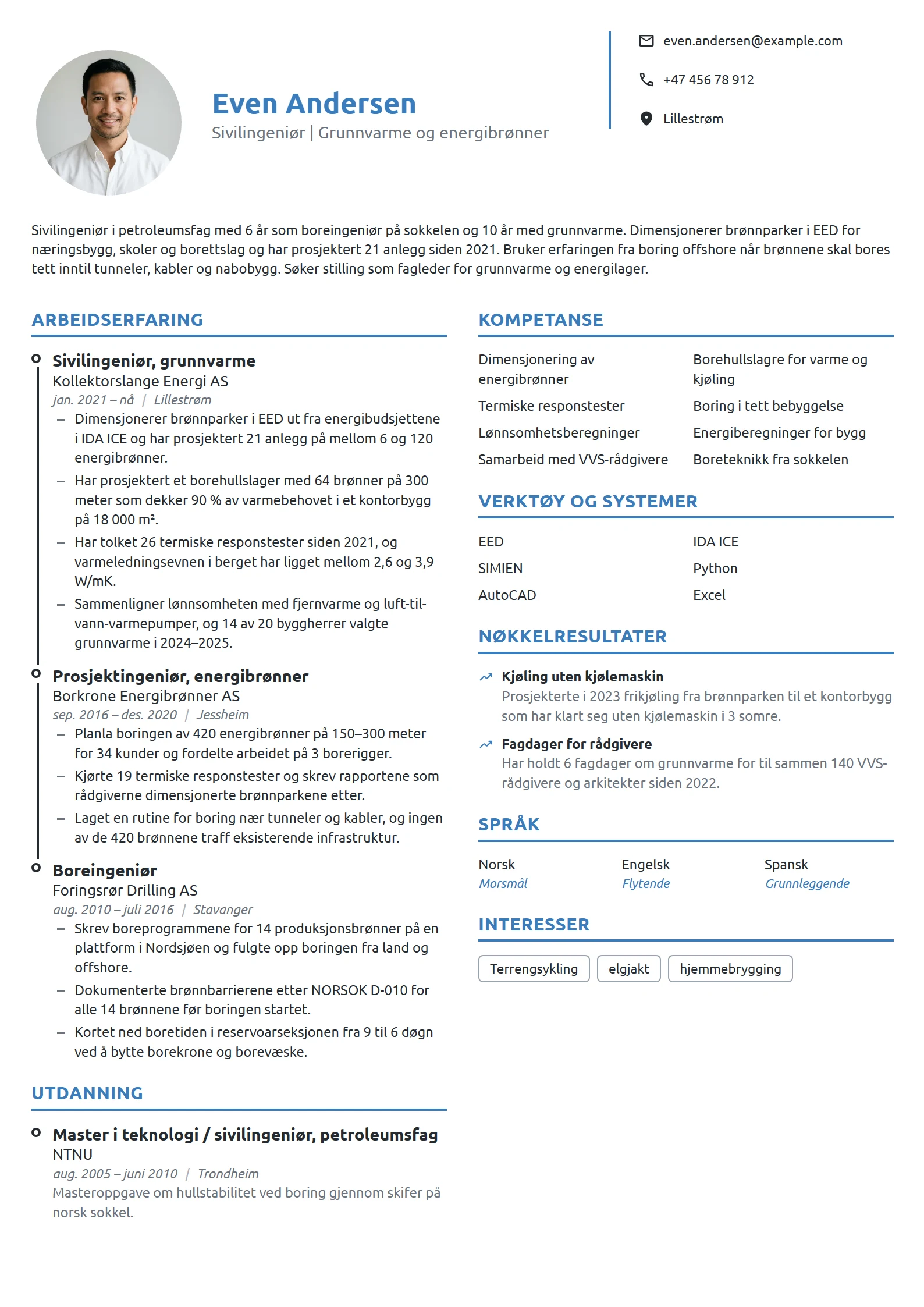 CV-eksempel for sivilingeniør, fra boring til grunnvarme