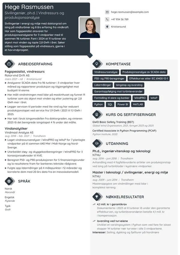 CV-eksempel for sivilingeniør med ph.d., vindkraft