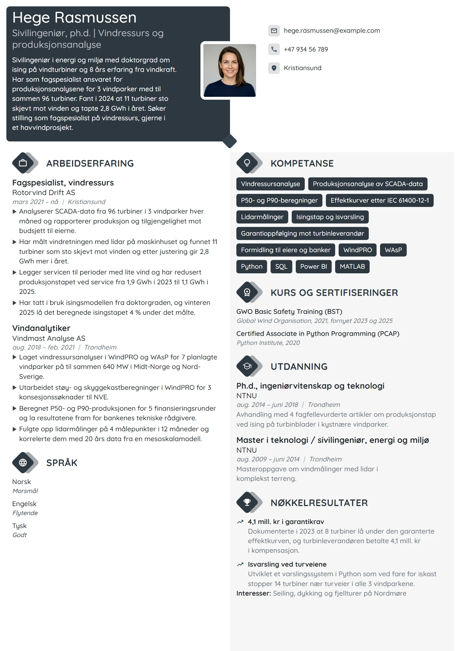 CV-eksempel for sivilingeniør med ph.d., vindkraft
