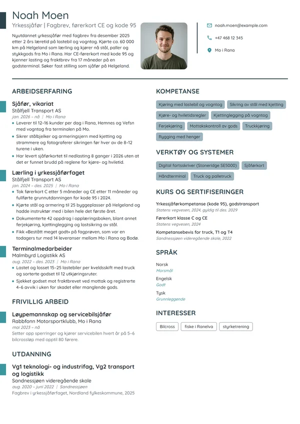 CV-eksempel for nyutdannet yrkessjåfør med fagbrev