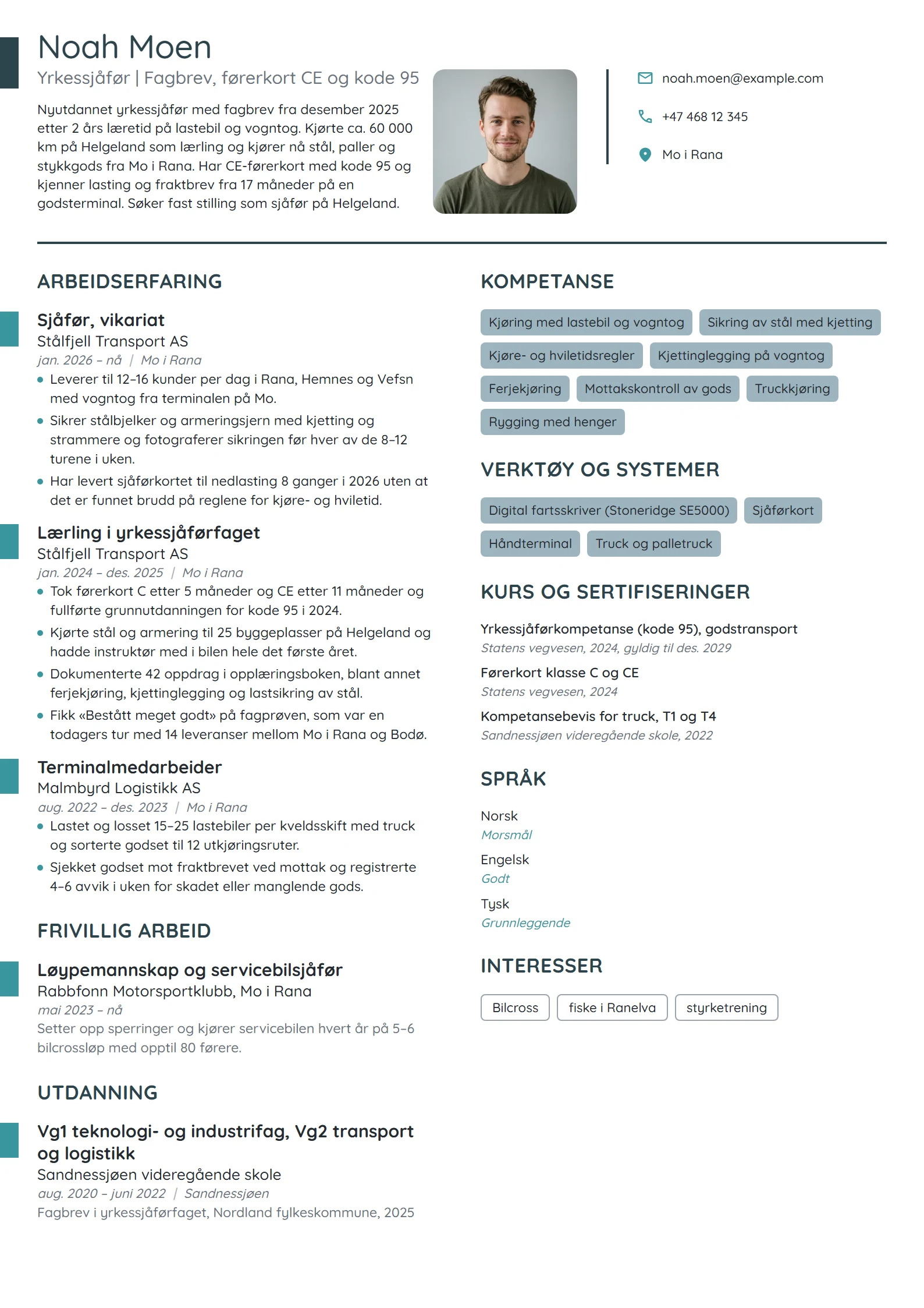 CV-eksempel for nyutdannet yrkessjåfør med fagbrev