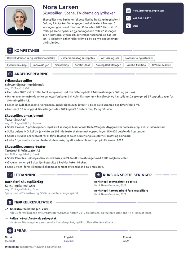 CV-eksempel for frilansskuespiller, scene og TV