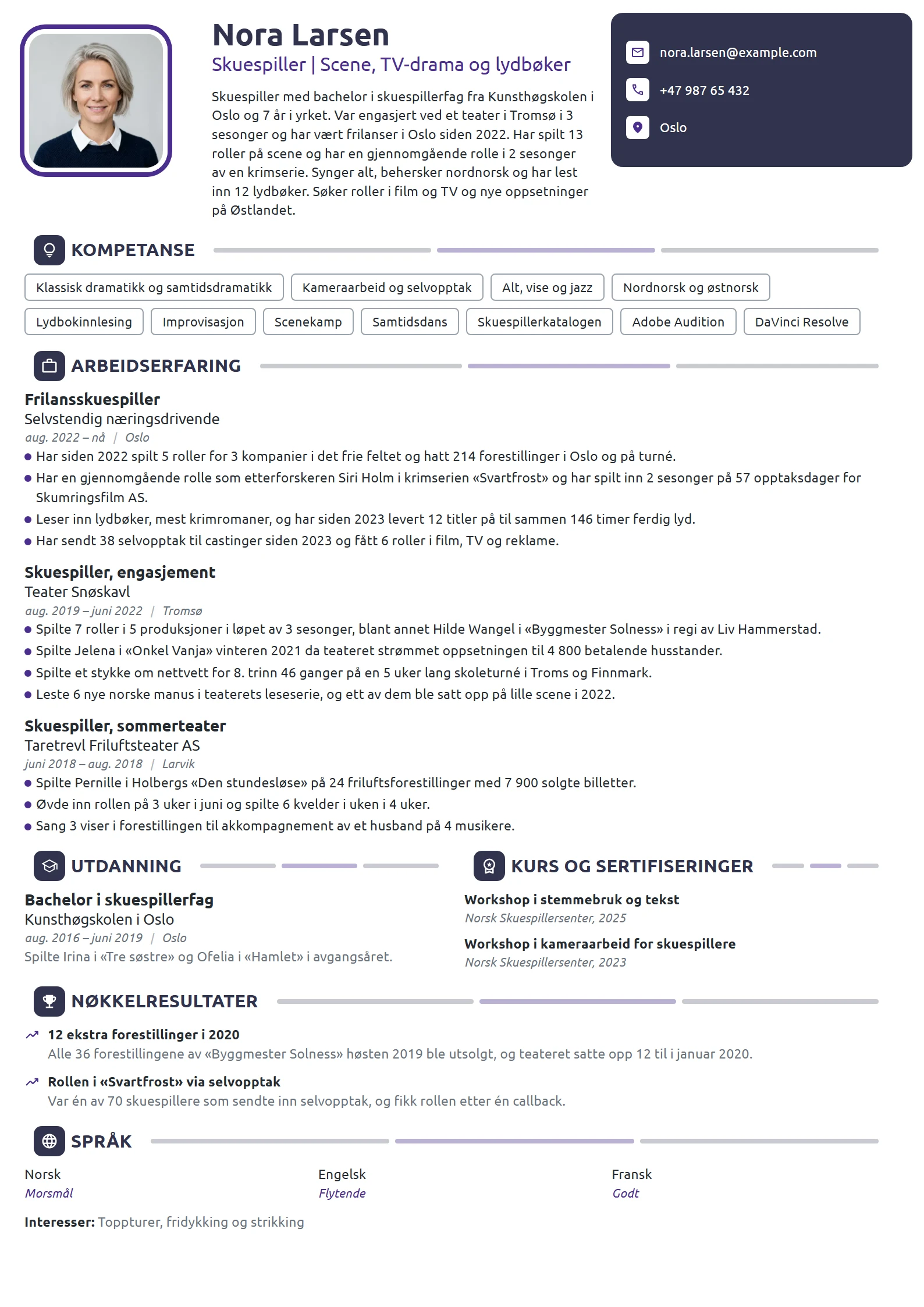 CV-eksempel for frilansskuespiller, scene og TV