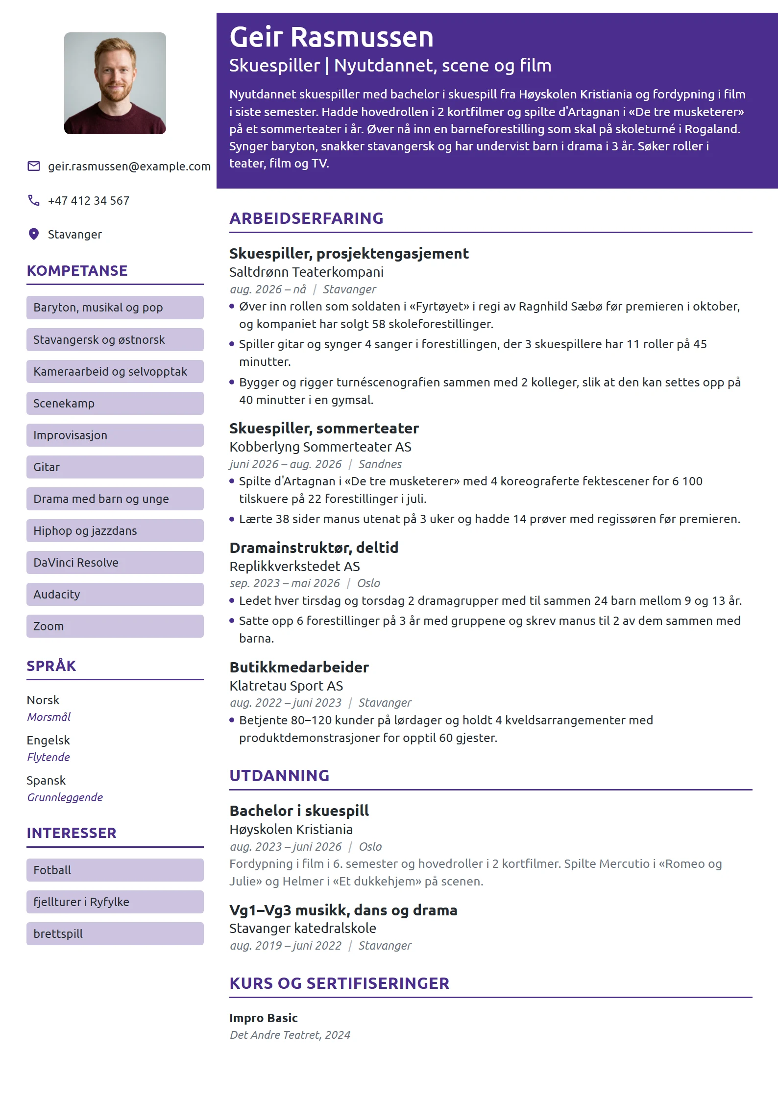 CV-eksempel for nyutdannet skuespiller