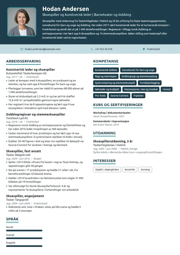 CV-eksempel for skuespiller og kunstnerisk leder