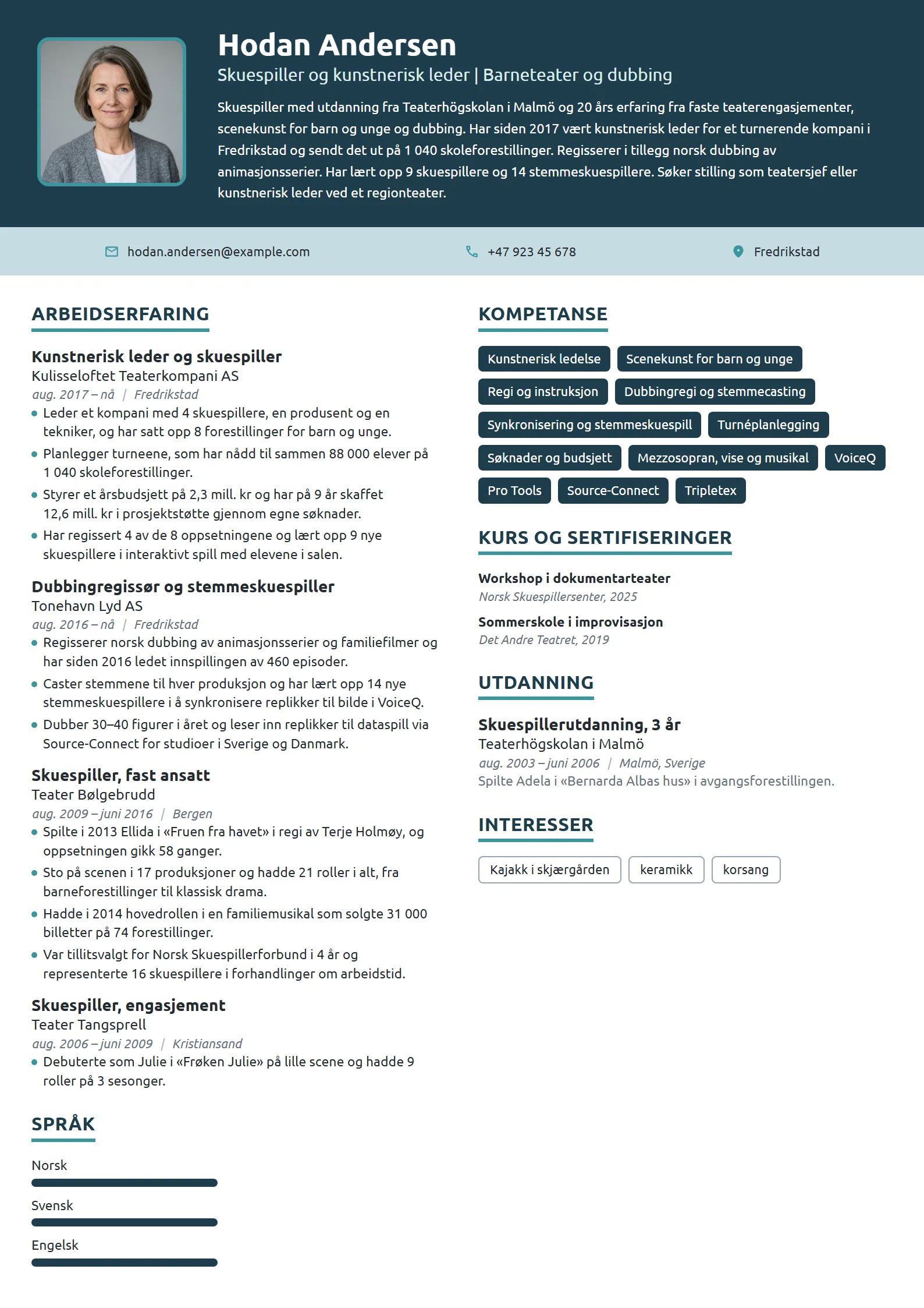 CV-eksempel for skuespiller og kunstnerisk leder