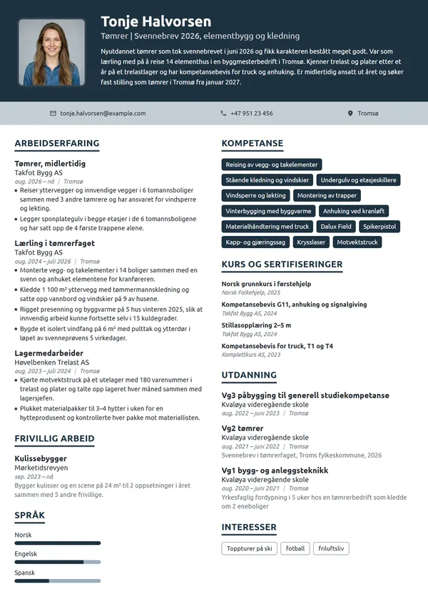 CV-eksempel for nyutdannet tømrer