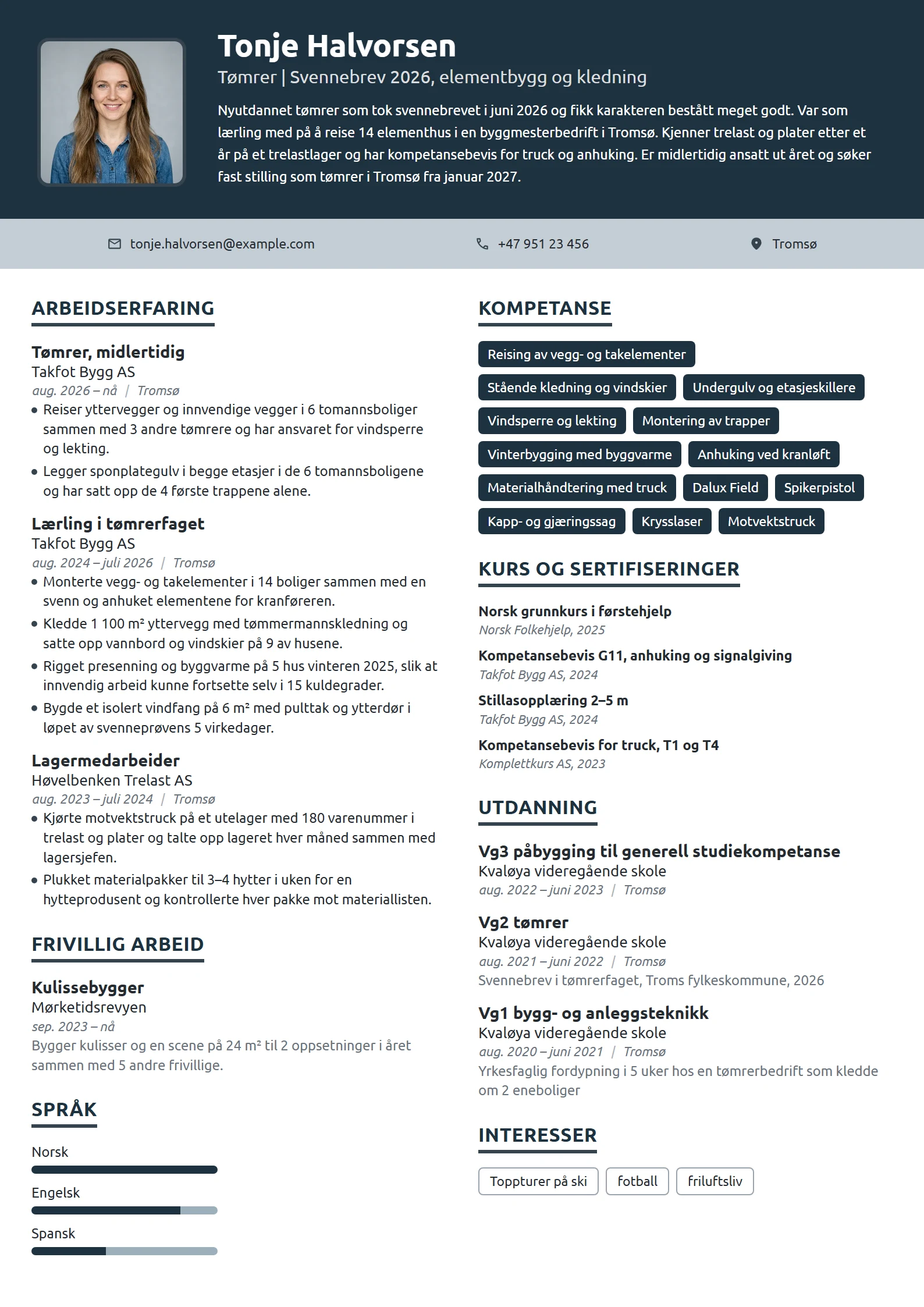 CV-eksempel for nyutdannet tømrer
