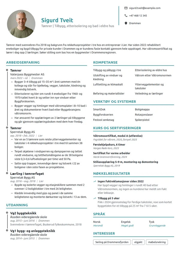 CV-eksempel for tømrer, rehabilitering og tilbygg