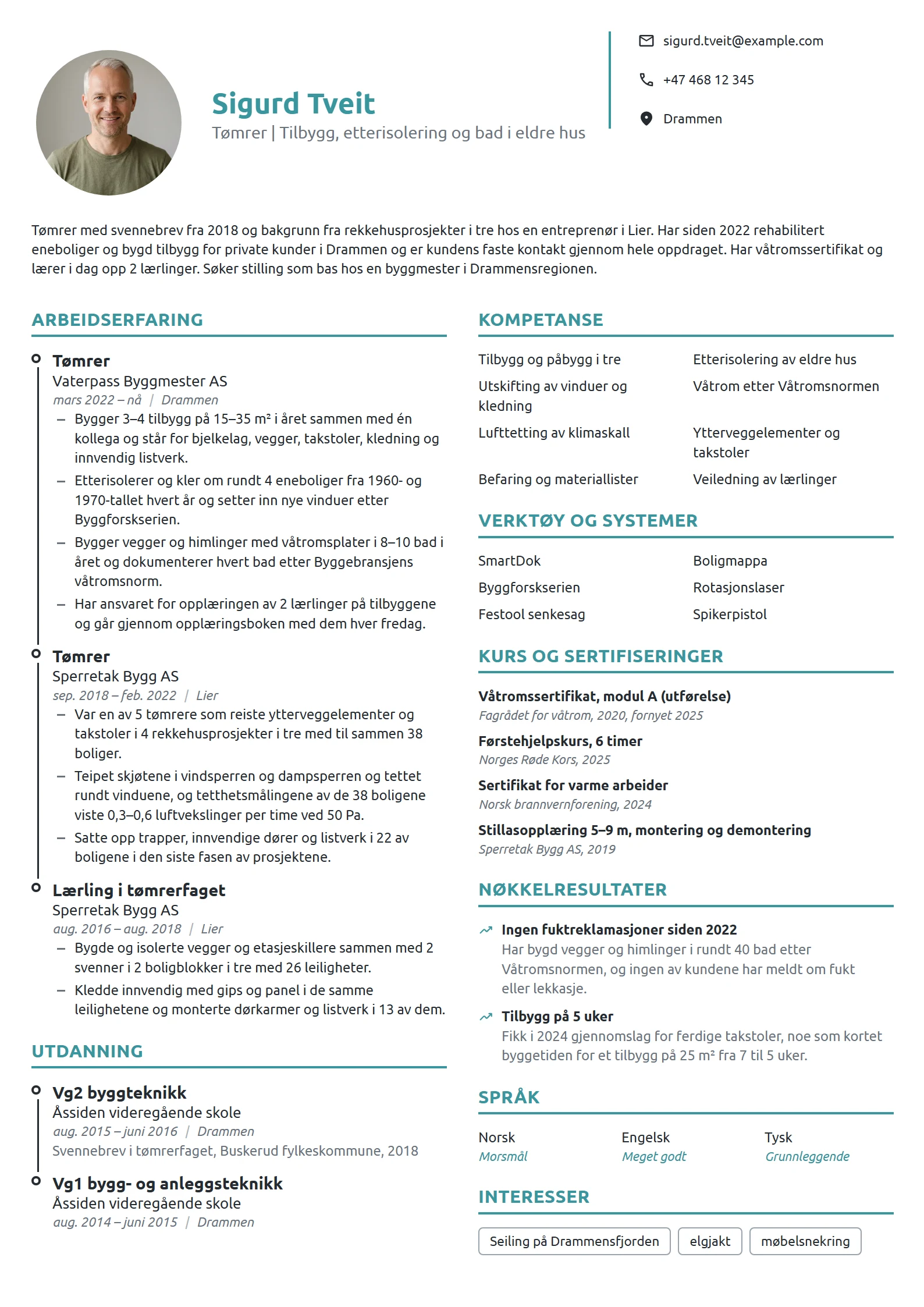 CV-eksempel for tømrer, rehabilitering og tilbygg