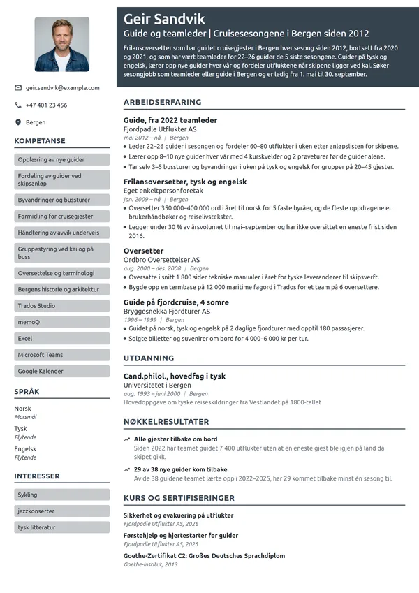 CV-eksempel for teamleder for guider i cruisesesongen