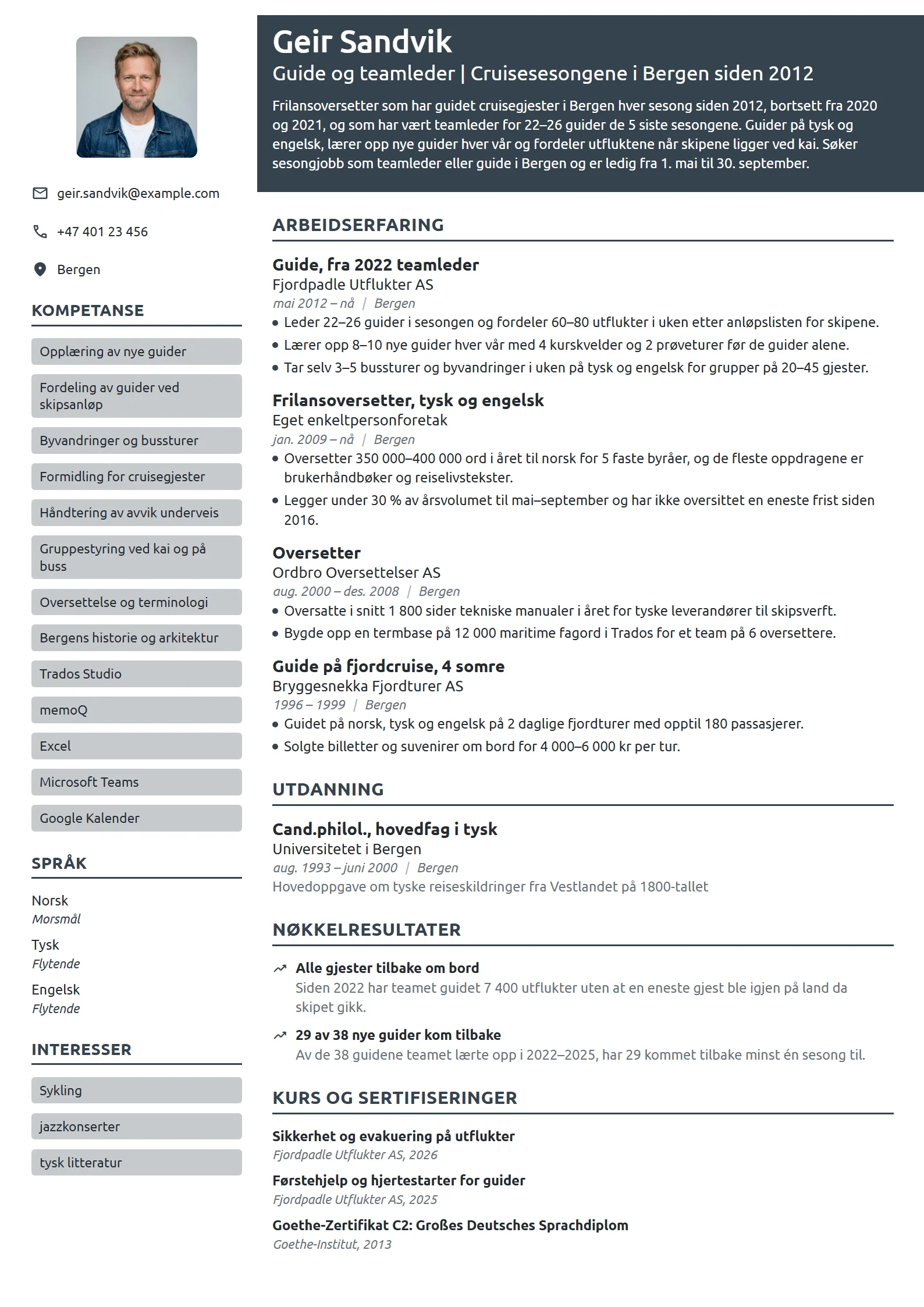CV-eksempel for teamleder for guider i cruisesesongen