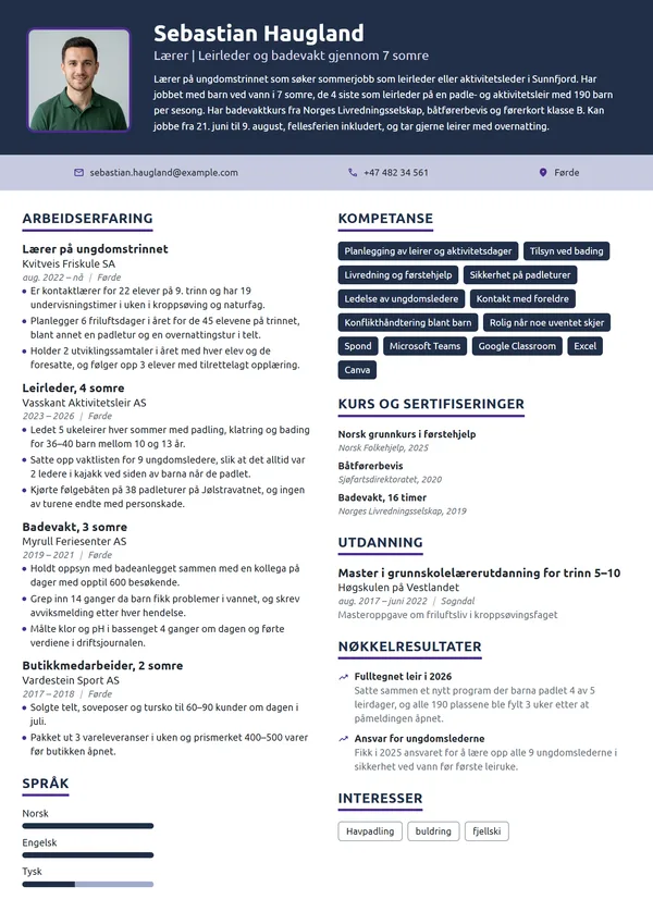 CV-eksempel for lærer som søker sommerjobb på leir