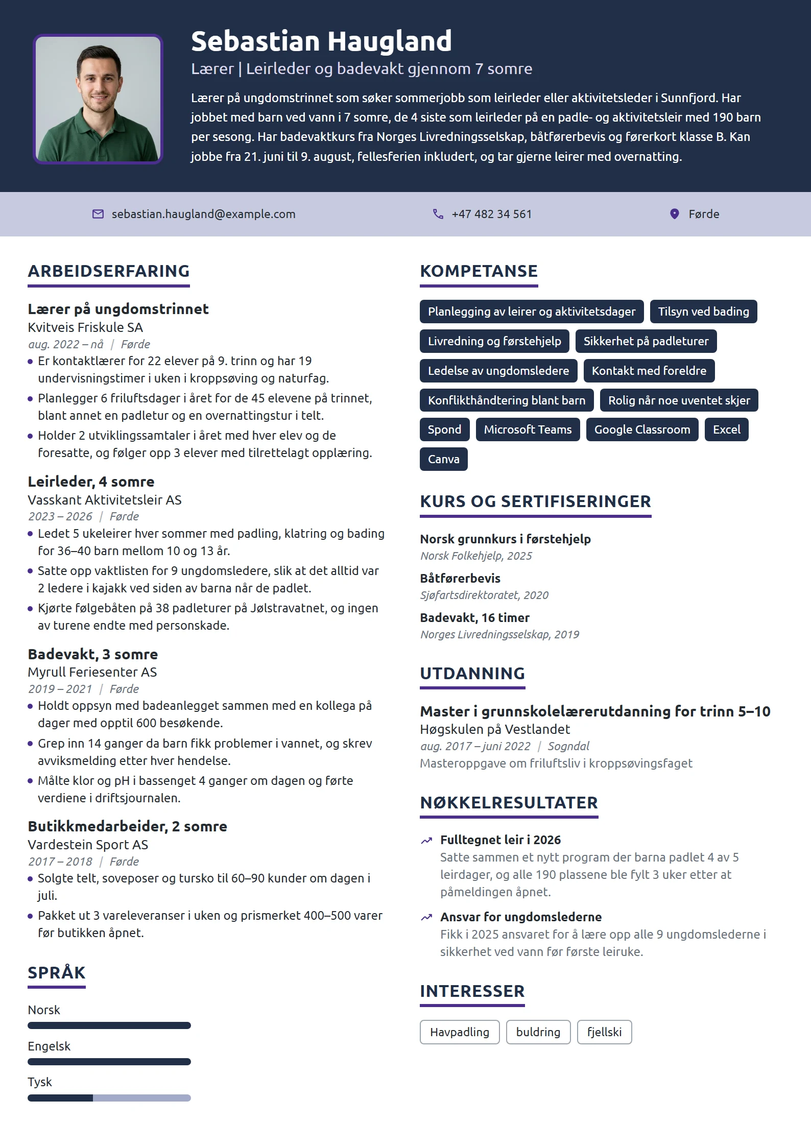 CV-eksempel for lærer som søker sommerjobb på leir