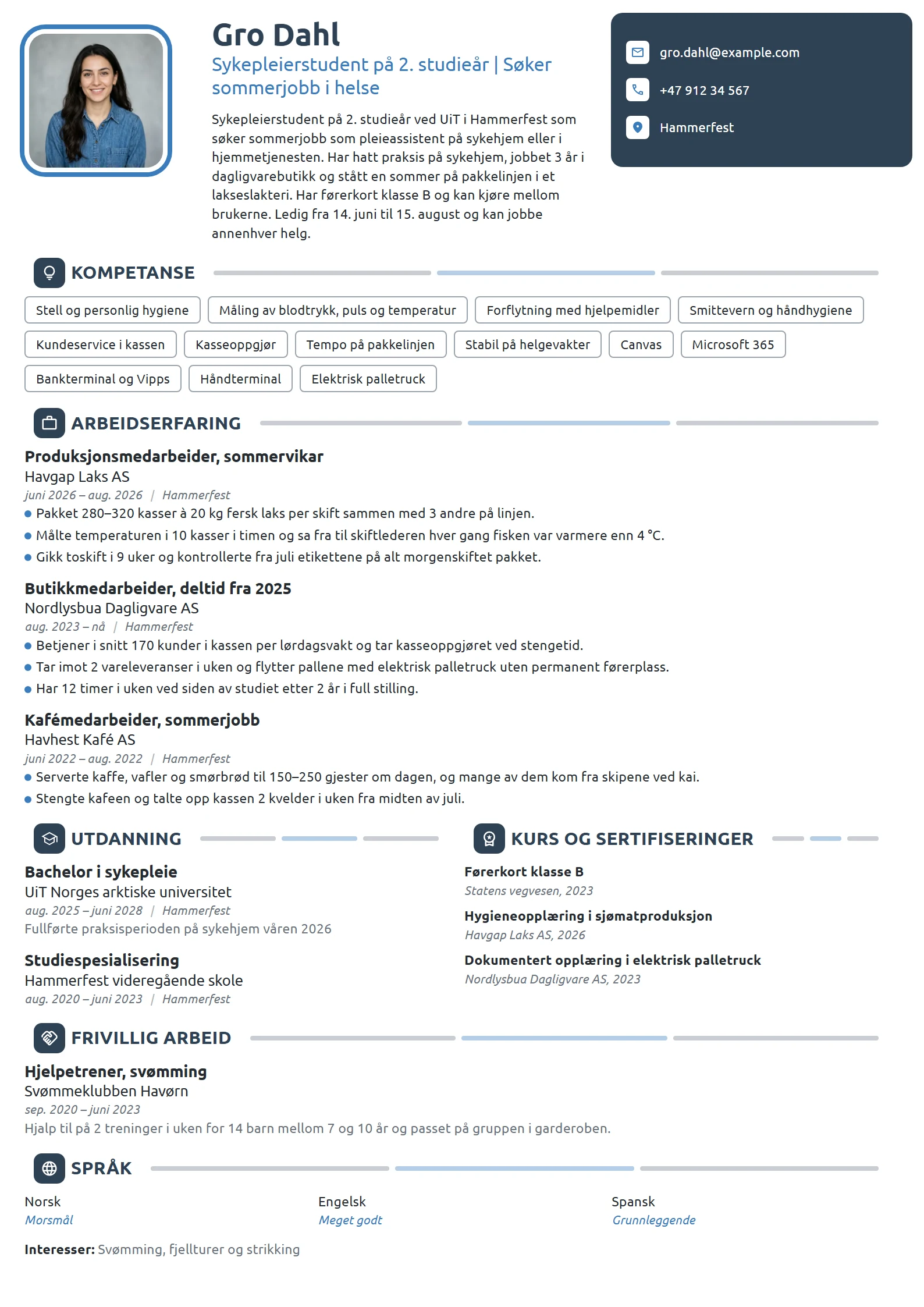 CV-eksempel for sykepleierstudent, sommerjobb i helse