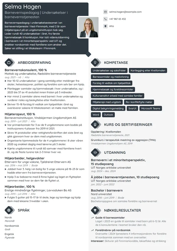 CV-eksempel for barnevernskonsulent, undersøkelser